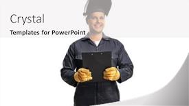  Presentation with welder worker welding and cutting - Slide set with welder-in-a-uniform-holding background and a white colored foreground