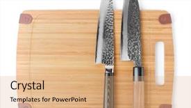  Presentation with cutting board - Colorful slide deck enhanced with welding stainless steel - two expensive japanese knives backdrop and a coral colored foreground
