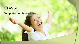  Presentation with girl model - Beautiful PPT theme featuring welfare - carefree elated cheering woman backdrop and a soft green colored foreground