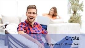  Presentation with 3d man sitting question mark - PPT layouts enhanced with welfare - happy young man sitting background and a light blue colored foreground