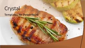  Presentation with done - Cool new slide deck with well done - grilled steak and grilled vegetables backdrop and a  colored foreground