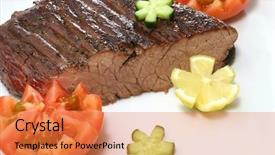  Presentation with done - Slides having well done - roast meat chunk and vegetables background and a  colored foreground