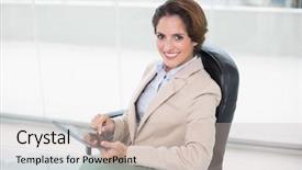  Presentation with hands holding black tablet - Audience pleasing slide set consisting of well dressed - cheerful businesswoman holding tablet backdrop and a soft green colored foreground