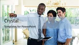  Presentation with real estate - PPT theme enhanced with well dressed - real estate agent pointing while background and a  colored foreground