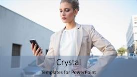  Presentation with elegant 50th anniversary - Presentation consisting of well dressed - serious elegant businesswoman looking background and a seafoam green colored foreground