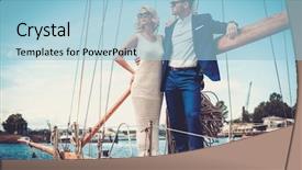  Presentation with luxury yacht - Presentation theme enhanced with well dressed - stylish wealthy couple background and a light blue colored foreground