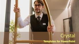  Presentation with well - PPT theme having well-dressed-bearded-porter background and a tawny brown colored foreground