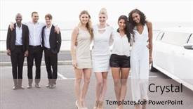  Presentation with well - Slides enhanced with well dressed people posing next to a limousine on a night background and a mint green colored foreground