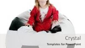  Presentation with well - Presentation design with well-dressed small girl sit on a chair white background background and a light gray colored foreground