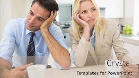  Presentation with well - Theme featuring well dressed thoughtful man and woman with coffee cups in the kitchen at home background and a soft green colored foreground
