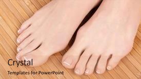  Presentation with well - Slides consisting of well-groomed female feet on wooden floor background and a coral colored foreground