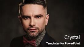  Presentation with well - Beautiful presentation design featuring well-groomed stylish young man with bow tie posing on dark background backdrop and a wine colored foreground