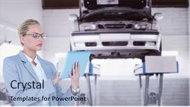  Presentation with auto repair - Presentation theme consisting of well hydraulics - businesswoman using digital tablet background and a  colored foreground