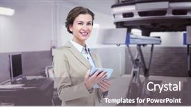  Presentation with repair shop - Presentation design with well hydraulics - smiling businesswoman holding digital tablet background and a  colored foreground