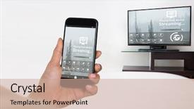  Presentation with phone - PPT theme featuring well led - businesswoman using mobile phone background and a coral colored foreground