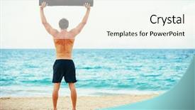  Presentation with healthy lifestyle - Slide set with well logging - beach workout male athlete exercising background and a  colored foreground