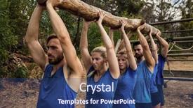  Presentation with training camp - Beautiful PPT theme featuring well logging - fit people lifting a heavy backdrop and a ocean colored foreground
