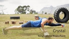  Presentation with boot camp - Audience pleasing presentation theme consisting of well logging - fit people performing pushup exercise backdrop and a yellow colored foreground
