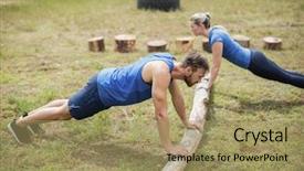  Presentation with boot camp - Audience pleasing theme consisting of well logging - fit people performing pushup exercise backdrop and a  colored foreground