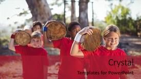  Presentation with training camp - Slide deck featuring well logging - kids carrying wooden log background and a  colored foreground