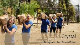  Presentation with obstacle course - Cool new presentation design with well logging - people carrying heavy wooden logs backdrop and a coral colored foreground