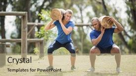  Presentation with obstacle course - Theme consisting of well logging - people carrying heavy wooden logs background and a mint green colored foreground