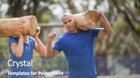  Presentation with obstacle course - Slides featuring well logging - people carrying heavy wooden logs background and a ocean colored foreground