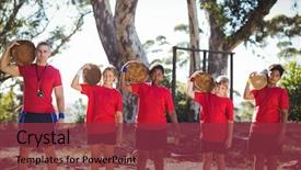  Presentation with training camp - Cool new slides with well logging - trainer and kids carrying wooden backdrop and a  colored foreground