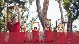  Presentation with training camp - Slide set consisting of well logging - trainer and kids carrying wooden background and a  colored foreground