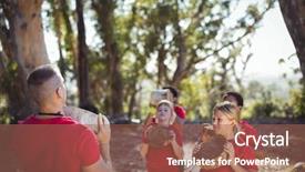  Presentation with training camp - Colorful PPT layouts enhanced with well logging - trainer and kids carrying wooden backdrop and a  colored foreground