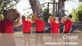  Presentation with training camp - Audience pleasing PPT theme consisting of well logging - trainer and kids carrying wooden backdrop and a  colored foreground