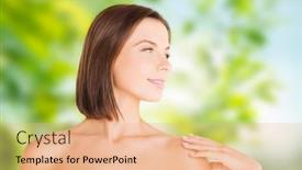  Presentation with green beauty - Amazing presentation design having wellness and beauty concept - portrait of beautiful bare woman over green natural background backdrop and a coral colored foreground