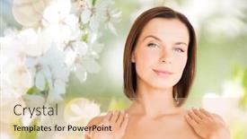  Presentation with cherry blossom - PPT theme with wellness and beauty concept - portrait of beautiful bare woman over natural cherry blossom background background and a coral colored foreground