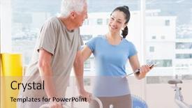 Presentation with fitness for senior citizens - Colorful presentation theme enhanced with wellness coaching - coach encouraging senior man backdrop and a coral colored foreground