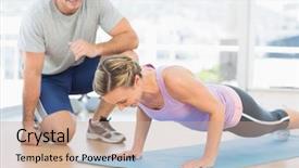  Presentation with trainer - Presentation theme enhanced with wellness coaching - male trainer assisting woman background and a coral colored foreground