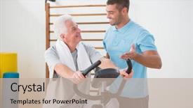  Presentation with exercise bike - PPT layouts having wellness coaching - senior man doing exercise bike background and a mint green colored foreground