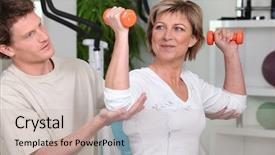  Presentation with sports coaching - Beautiful slide set featuring wellness coaching - senior woman with sports trainer backdrop and a soft green colored foreground