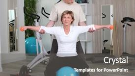  Presentation with sports coaching - Presentation theme having wellness coaching - senior woman with sports trainer background and a gray colored foreground