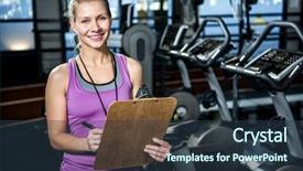  Presentation with train the trainer - Presentation design featuring wellness coaching - smiling trainer holding clipboard background and a tawny brown colored foreground