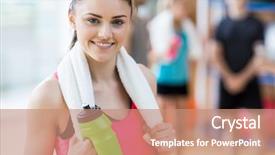  Presentation with gym - Slide set enhanced with wellness fitness - fit woman smiling at camera background and a coral colored foreground