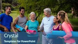  Presentation with group of people praying to god - Amazing PPT theme having wellness fitness - group of people interacting backdrop and a  colored foreground