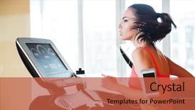  Presentation with running treadmill - Theme enhanced with wellness screening - attractive concentrated young woman running background and a red colored foreground