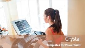  Presentation with running treadmill - Cool new presentation design with wellness screening - beautiful serious young woman athlete backdrop and a coral colored foreground