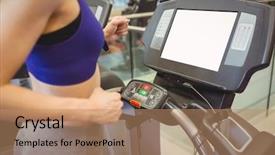  Presentation with treadmill - Presentation theme having wellness screening - fit woman jogging on treadmill background and a  colored foreground