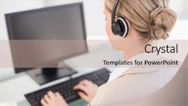  Presentation with call center - PPT theme with students are both sitting beside each other and smiling as they use the laptop as girl points to boy on screen background and a coral colored foreground