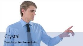  Presentation with interface - Cool new presentation theme with wellness screening - young businessman touching imaginary interface backdrop and a light blue colored foreground