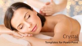  Presentation with spa concept - PPT theme consisting of wellness spa and beauty concept - close up of beautiful woman having massage over holidays lights background background and a coral colored foreground