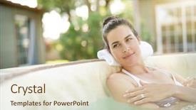  Presentation with sensuality woman black angel relaxing - PPT theme featuring wellness therapy - attractive brunette woman relaxing background and a  colored foreground