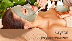  Presentation with facial - Colorful presentation design enhanced with wellness therapy - beautiful woman having clay facial backdrop and a coral colored foreground