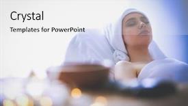  Presentation with man relaxing on massage table - Colorful presentation theme enhanced with wellness therapy - young woman lying backdrop and a  colored foreground